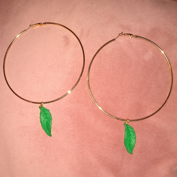 Oversized Green Leaf Charm Gold Hoops Huge 5 1/2 Inch Hoop Earrings Leaves KATTA - Picture 4 of 9